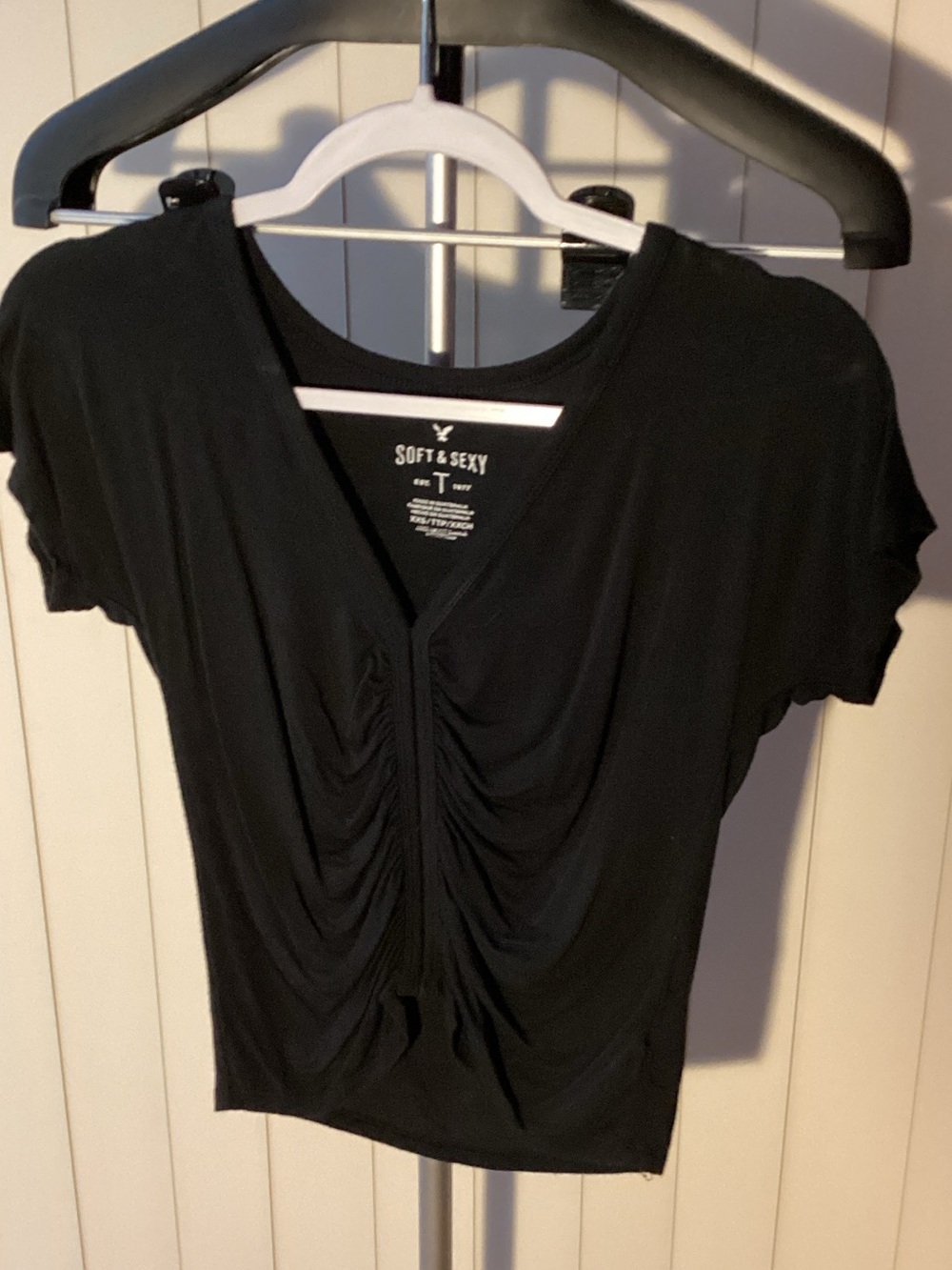 American Eagle Outfitters Black Ruched V-Neck Short Sleeve Top
